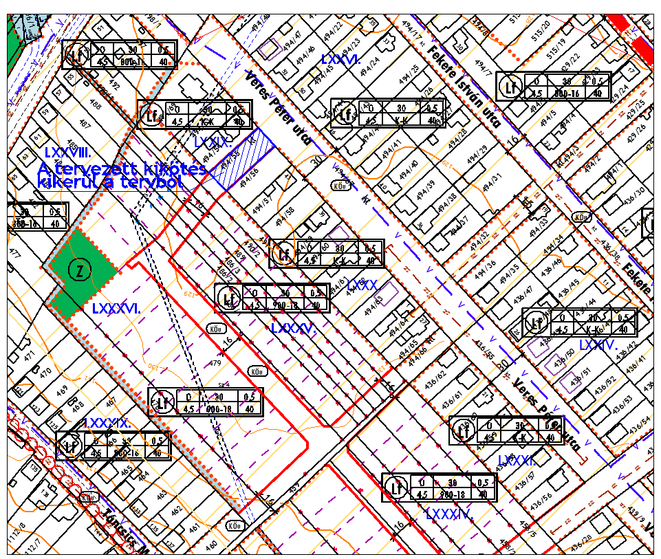 Kérelem: A Veres Péter utcában a tervezett déli 494/55 hrsz-ú közterület falusias lakóterületbe való átsorolása.