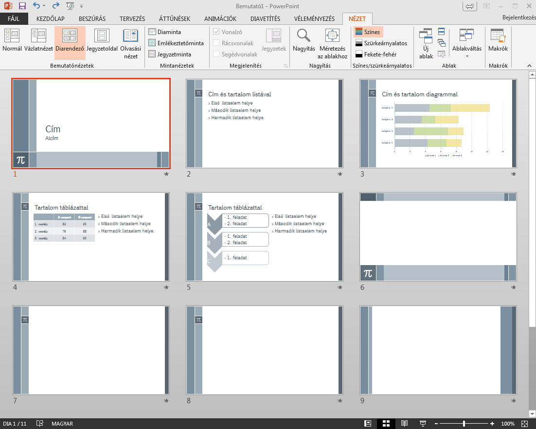 Diarendező Ez a nézet alkalmas igazán a prezentációnk áttekintésére, és szerkezeti átalakítására.