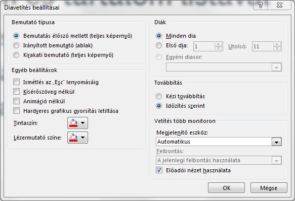 Sok mindent szabályozhatunk, de talán kattintsunk a Diavetítés beállításai ikonra. Itt tudjuk a legfontosabb beállításokat megtenni.