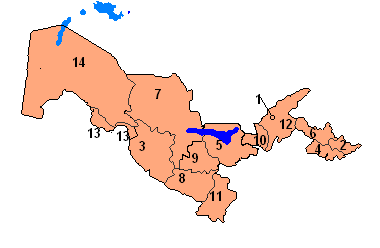 9% Üzbegisztán 12 tartományra (viloyat), 1 városra