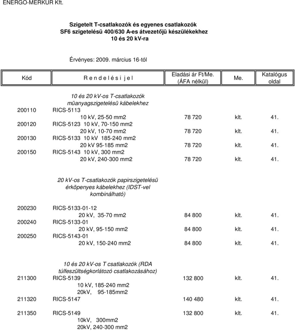 41. 20 kv-os T-csatlakozók papirszigetelésü érköpenyes kábelekhez (IDST-vel kombinálható) 200230 RICS-5133-01-12 20 kv, 35-70 mm2 84 800 klt. 41. 200240 RICS-5133-01 20 kv, 95-150 mm2 84 800 klt. 41. 200250 RICS-5143-01 20 kv, 150-240 mm2 84 800 klt.
