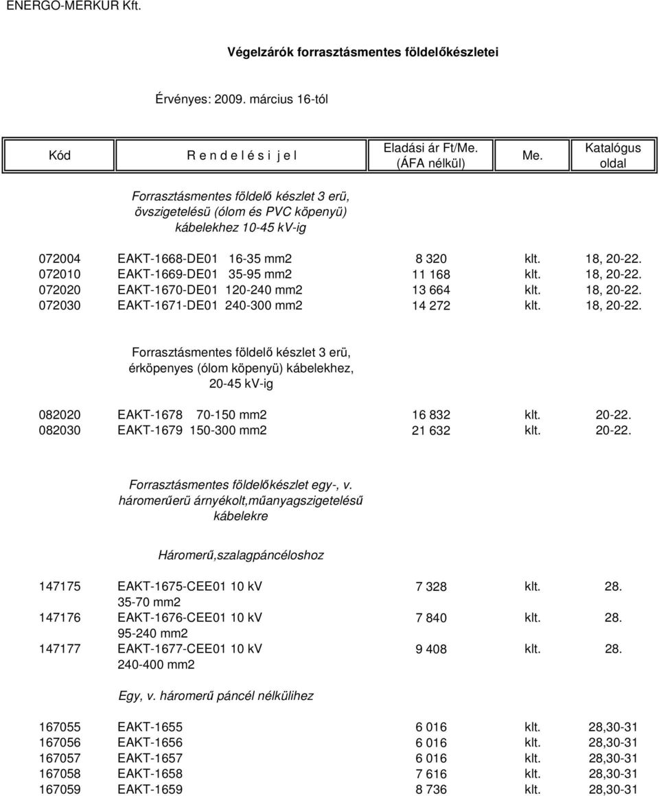 20-22. 082030 EAKT-1679 150-300 mm2 21 632 klt. 20-22. Forrasztásmentes földelőkészlet egy-, v.