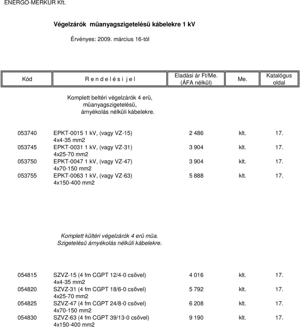 17. 4x150-400 mm2 Komplett kültéri végelzárók 4 erü müa. Szigetelésü árnyékolás nélküli kábelekre. 054815 SZVZ-15 (4 fm CGPT 12/4-0 csővel) 4 016 klt. 17.