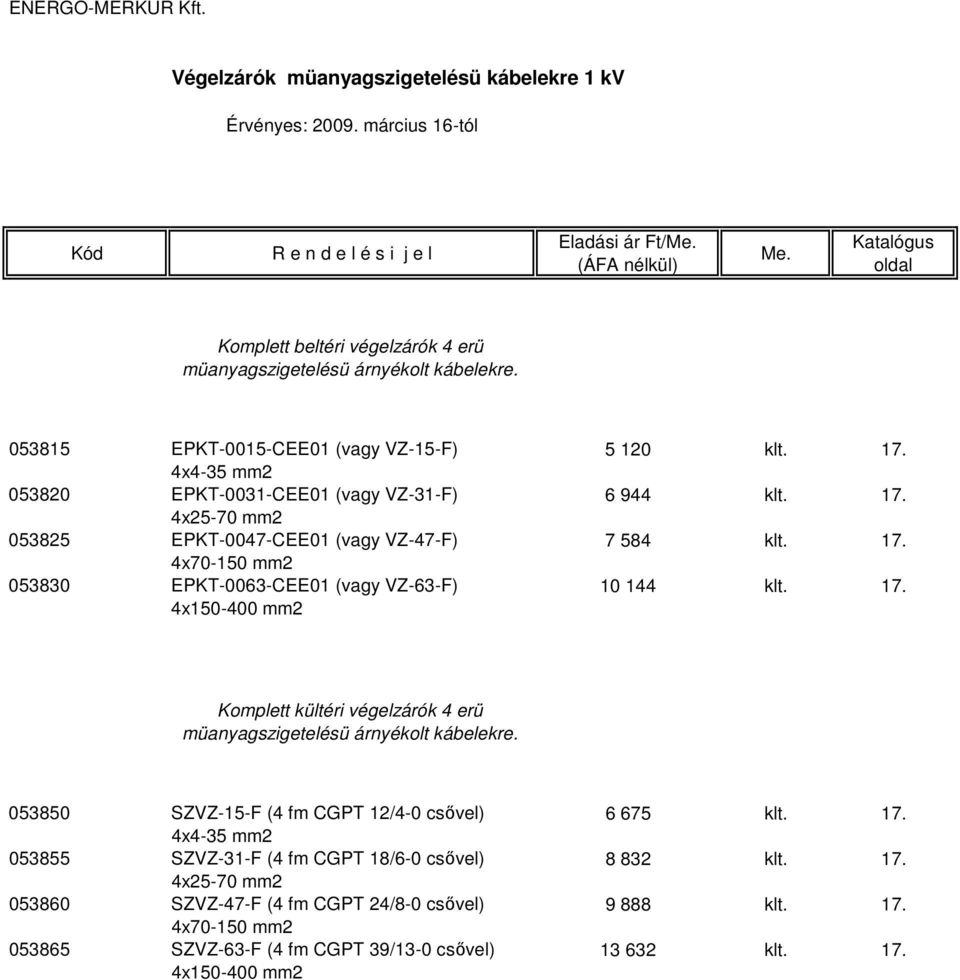 17. 4x150-400 mm2 Komplett kültéri végelzárók 4 erü müanyagszigetelésü árnyékolt kábelekre. 053850 SZVZ-15-F (4 fm CGPT 12/4-0 csővel) 6 675 klt. 17.