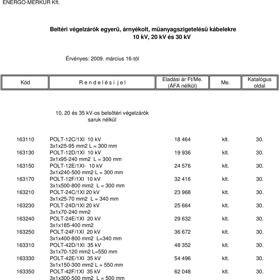 30. 3x1x25-70 mm2 L = 340 mm 163230 POLT-24D/1XI 20 kv 25 664 klt. 30. 3x1x70-240 mm2 163240 POLT-24E/1XI 20 kv 29 632 klt. 30. 3x1x185-400 mm2 163250 POLT-24F/1XI 20 kv 36 672 klt. 30. 3x1x400-800 mm2 L=340 mm 163310 POLT-42D/1XI 35 kv 48 352 klt.