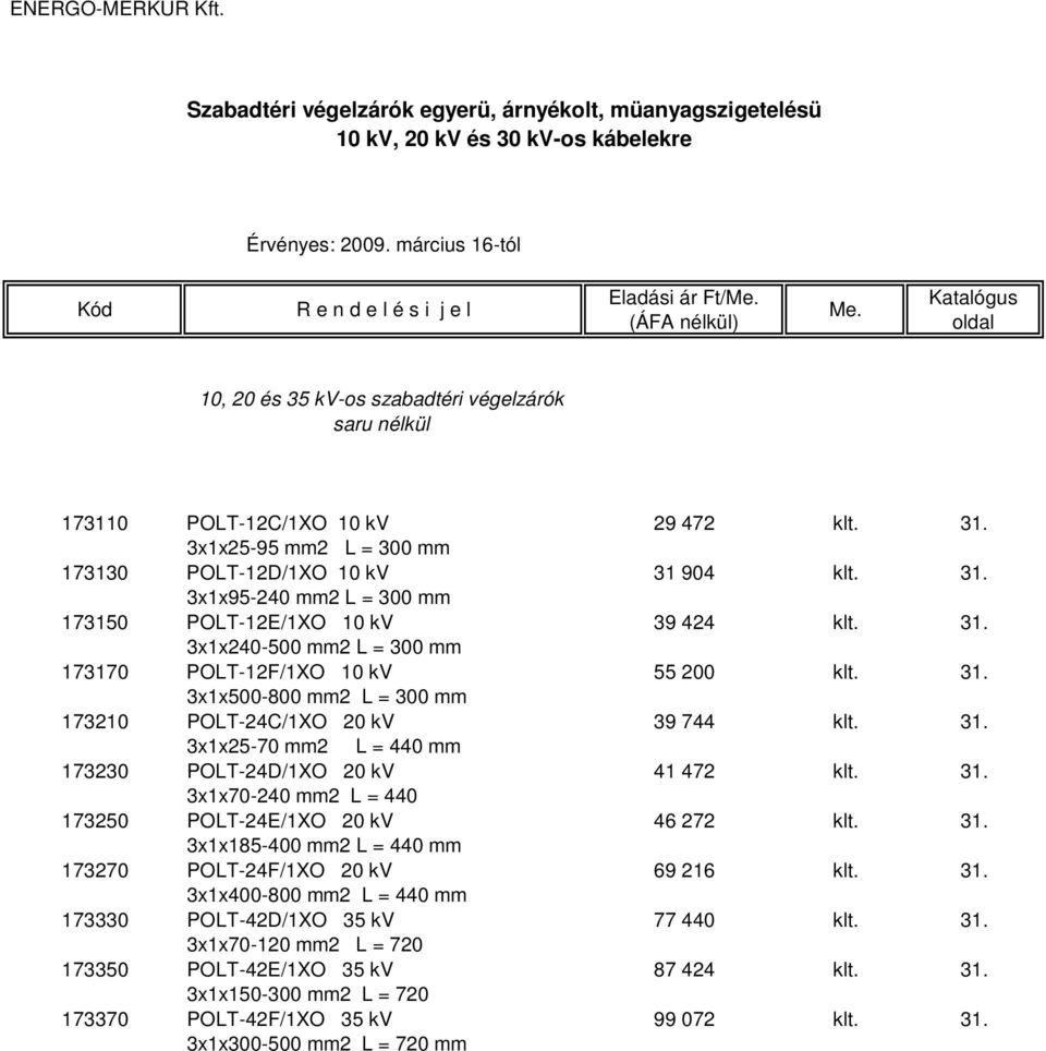 31. 3x1x500-800 mm2 L = 300 mm 173210 POLT-24C/1XO 20 kv 39 744 klt. 31. 3x1x25-70 mm2 L = 440 mm 173230 POLT-24D/1XO 20 kv 41 472 klt. 31. 3x1x70-240 mm2 L = 440 173250 POLT-24E/1XO 20 kv 46 272 klt.