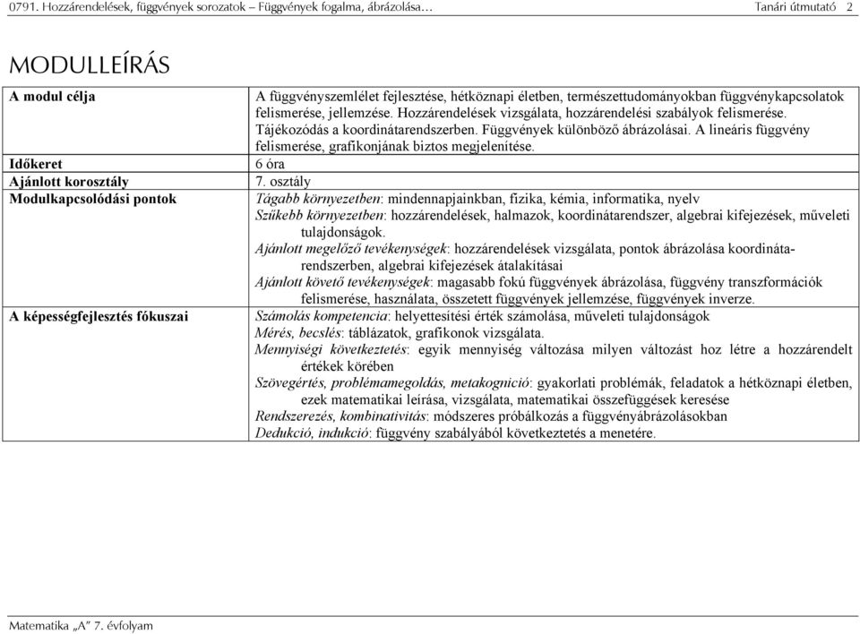 Tájékozódás a koordinátarendszerben. Függvények különböző ábrázolásai. A lineáris függvény felismerése, grafikonjának biztos megjelenítése. 6 óra 7.