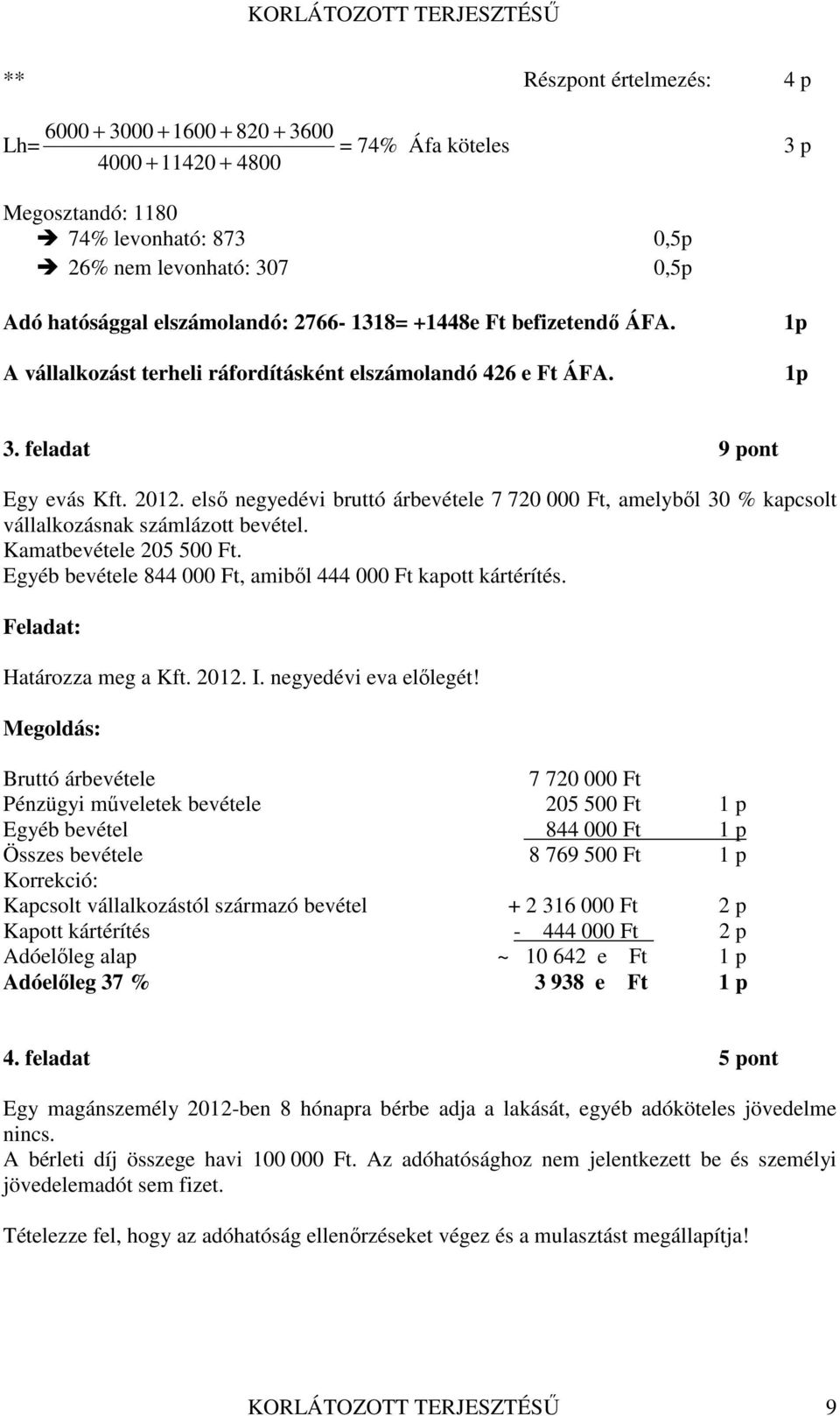 első negyedévi bruttó árbevétele 7 720 000 Ft, amelyből 30 % kapcsolt vállalkozásnak számlázott bevétel. Kamatbevétele 205 500 Ft. Egyéb bevétele 844 000 Ft, amiből 444 000 Ft kapott kártérítés.