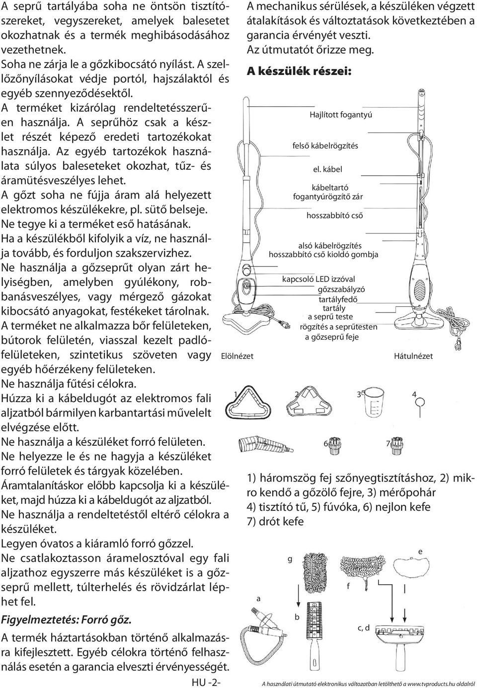 Az egyéb tartozékok használata súlyos baleseteket okozhat, tűz- és áramütésveszélyes lehet. A gőzt soha ne fújja áram alá helyezett elektromos készülékekre, pl. sütő belseje.