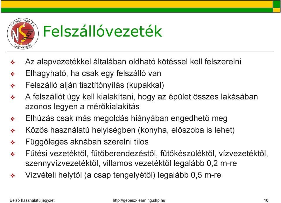 megoldás hiányában engedhető meg Közös használatú helyiségben (konyha, előszoba is lehet) Függőleges aknában szerelni tilos Fűtési vezetéktől,