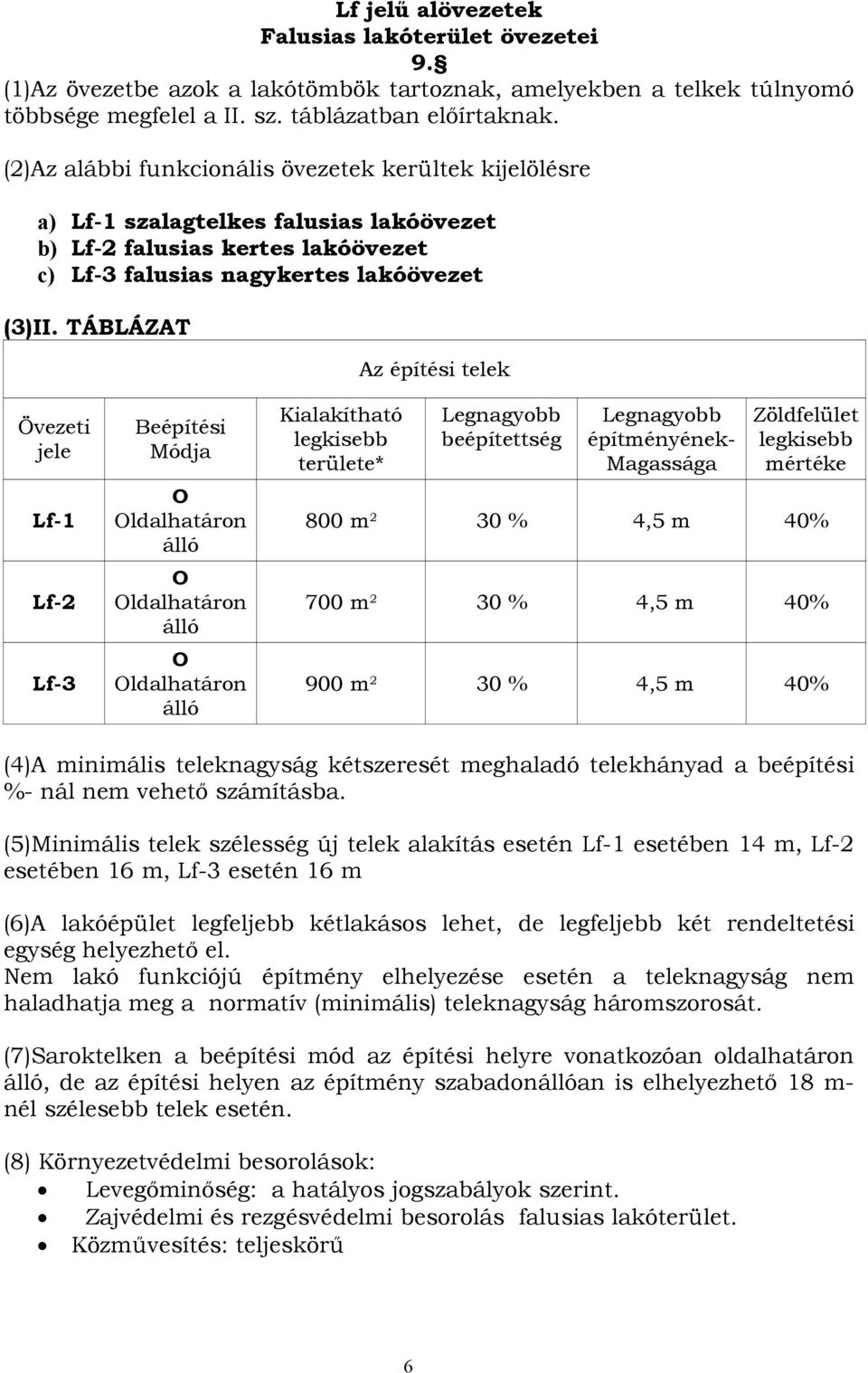 TÁBLÁZAT Az építési telek Övezeti jele Lf-1 Lf-2 Lf-3 Beépítési Módja O Oldalhatáron álló O Oldalhatáron álló O Oldalhatáron álló Kialakítható legkisebb területe* Legnagyobb beépítettség Legnagyobb