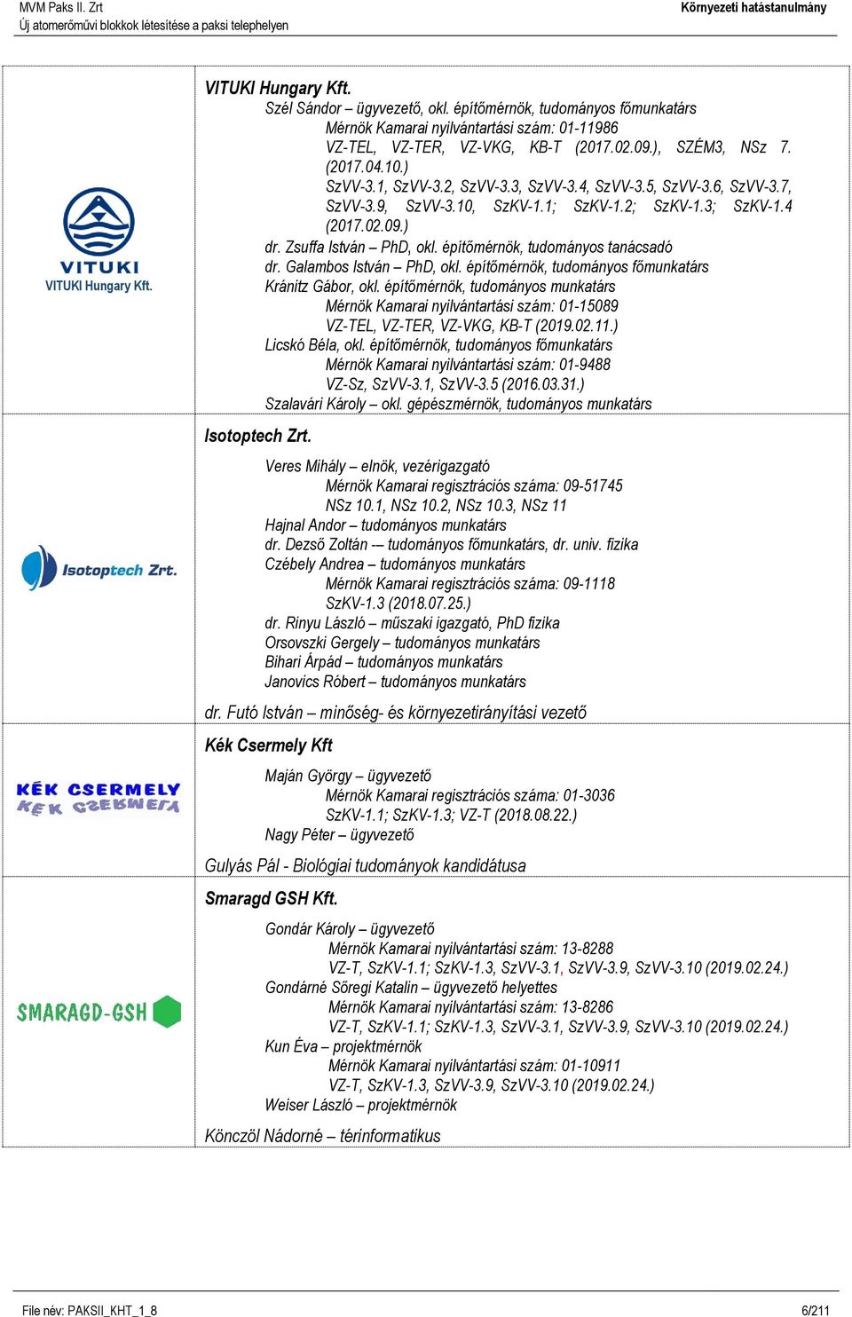 Zsuffa István PhD, okl. építőmérnök, tudományos tanácsadó dr. Galambos István PhD, okl. építőmérnök, tudományos főmunkatárs Kránitz Gábor, okl.