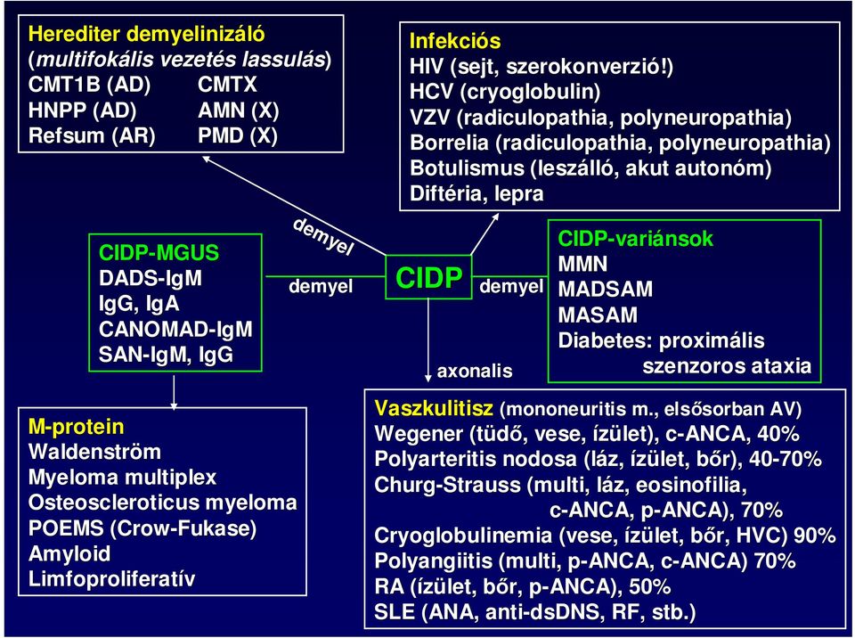 DADS-IgM IgG, IgA CANOMAD-IgM SAN-IgM IgM, IgG demyel demyel CIDP demyel axonalis CIDP-vari variánsok MMN MADSAM MASAM Diabetes: proximális szenzoros ataxia M-protein Waldenström Myeloma multiplex