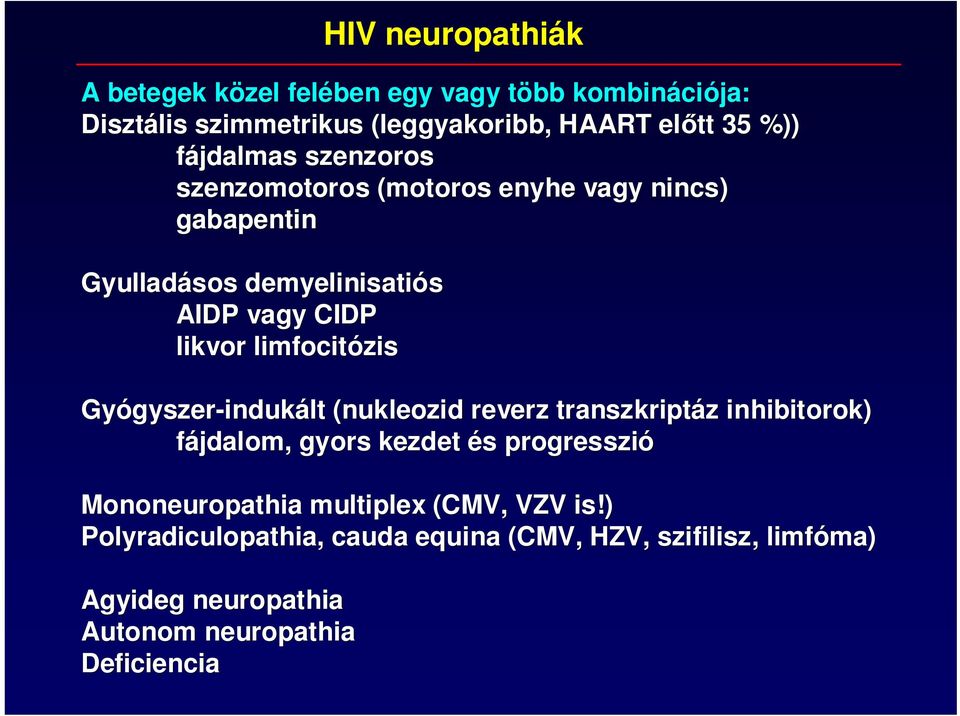 Gyógyszer gyszer-indukált (nukleozid( reverz transzkriptáz z inhibitorok) fájdalom, gyors kezdet és s progresszió Mononeuropathia