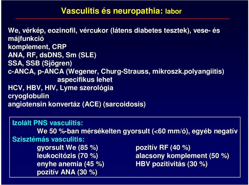 polyangiitis polyangiitis) aspecifikus lehet HCV, HBV, HIV, Lyme szerológia cryoglobulin angiotensin konvertáz (ACE) (sarcoidosis( sarcoidosis) Izolált lt PNS