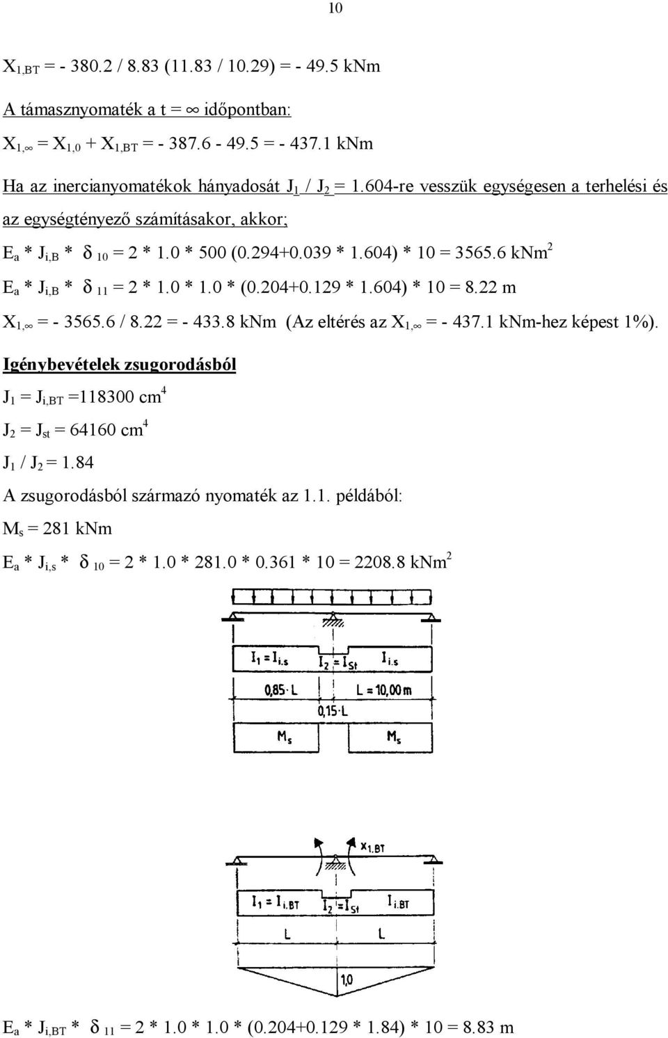 204+0.129 * 1.604) * 10 = 8.22 m X 1, = - 3565.6 / 8.22 = - 433.8 knm (Az eltérés az X 1, = - 437.1 knm-hez képest 1%).