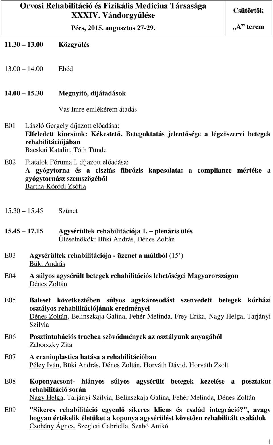 díjazott előadása: A gyógytorna és a cisztás fibrózis kapcsolata: a compliance mértéke a gyógytornász szemszögéből Bartha-Kóródi Zsófia 15.30 15.45 Szünet 15.45 17.15 Agysérültek rehabilitációja 1.