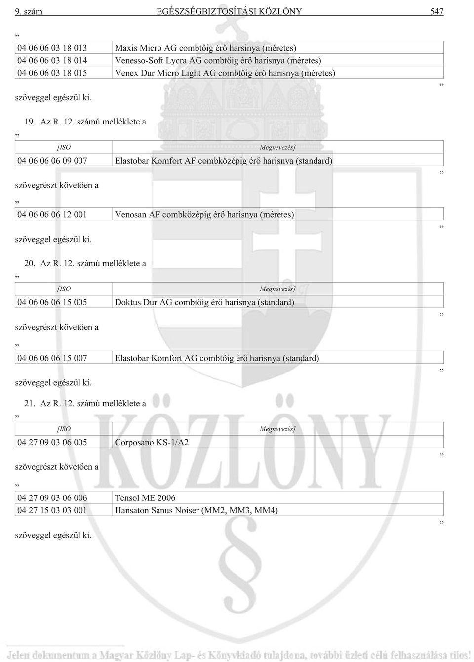 számú melléklete a 04 06 06 06 09 007 Elastobar Komfort AF combközépig érõ harisnya (standard) 04 06 06 06 12 