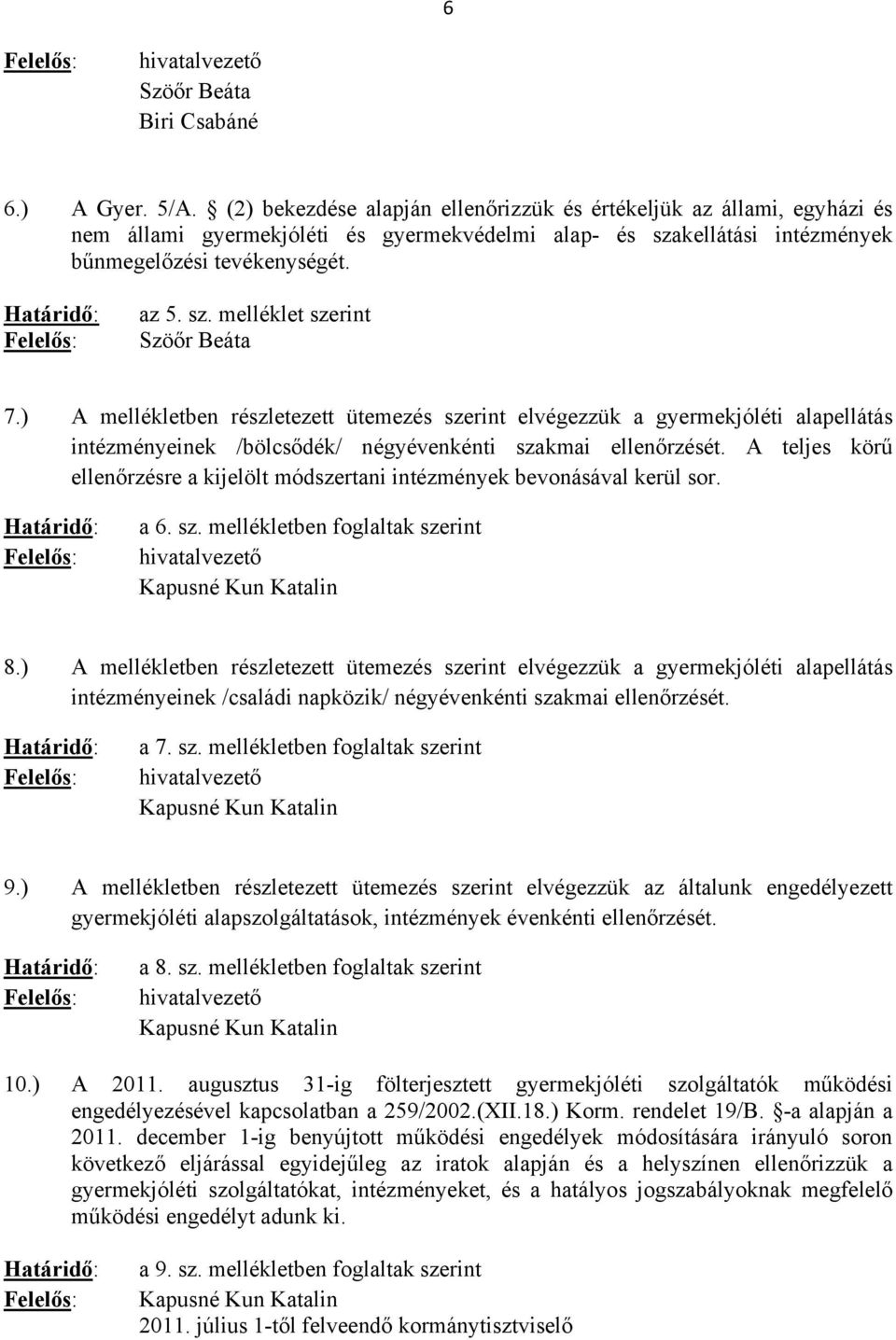 ) A mellékletben részletezett ütemezés szerint elvégezzük a gyermekjóléti alapellátás intézményeinek /bölcsődék/ négyévenkénti szakmai ellenőrzését.