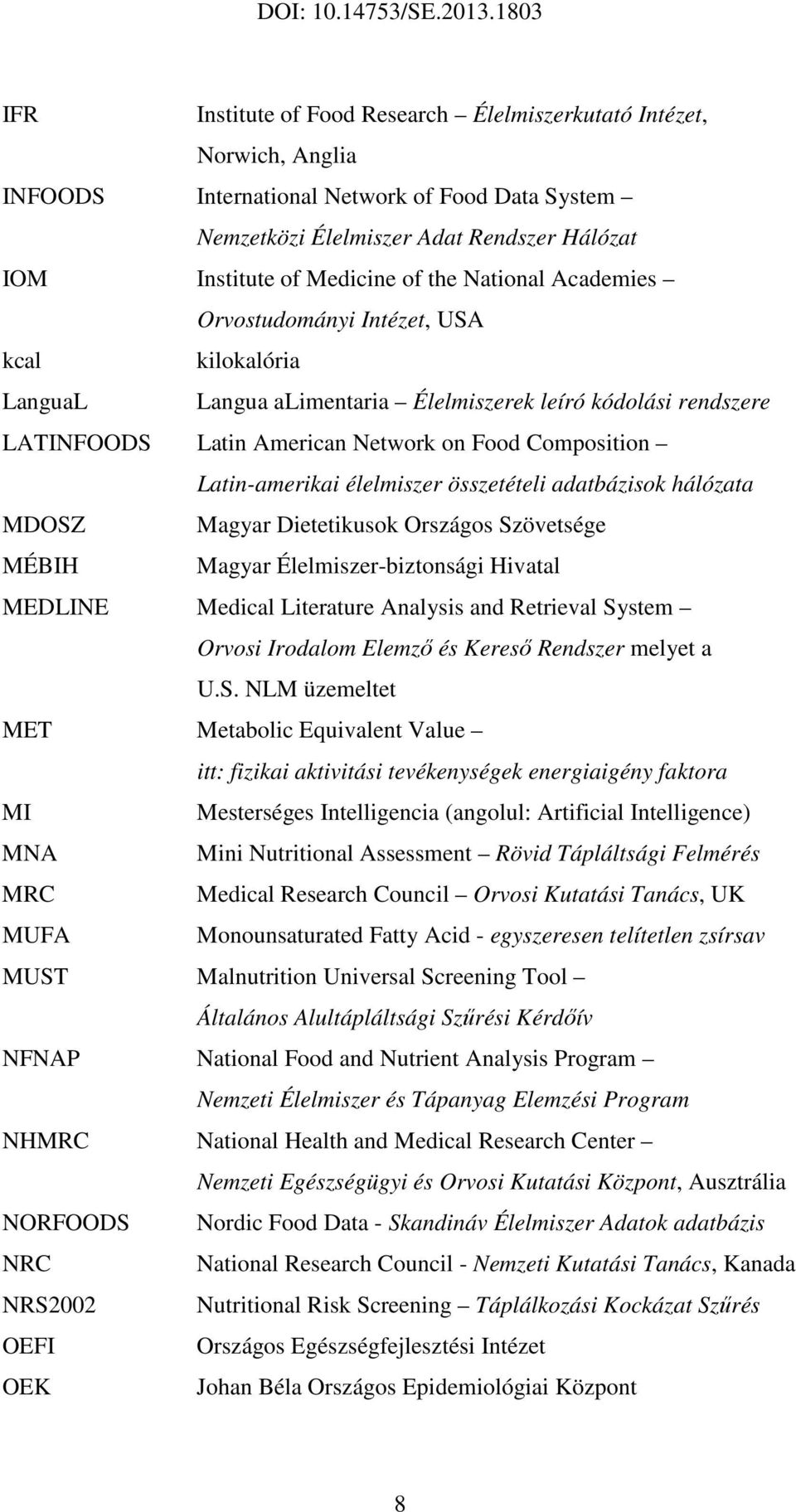 élelmiszer összetételi adatbázisok hálózata MDOSZ Magyar Dietetikusok Országos Szövetsége MÉBIH Magyar Élelmiszer-biztonsági Hivatal MEDLINE Medical Literature Analysis and Retrieval System Orvosi