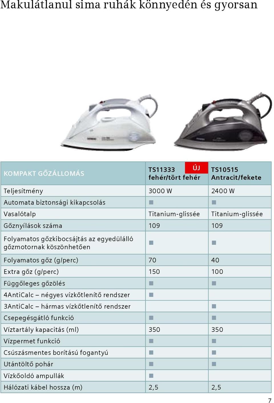 Folyamatos gőz (g/perc) 70 40 Extra gőz (g/perc) 150 100 Függőleges gőzölés 4AntiCalc négyes vízkőtlenítő rendszer 3AntiCalc hármas vízkőtlenítő rendszer