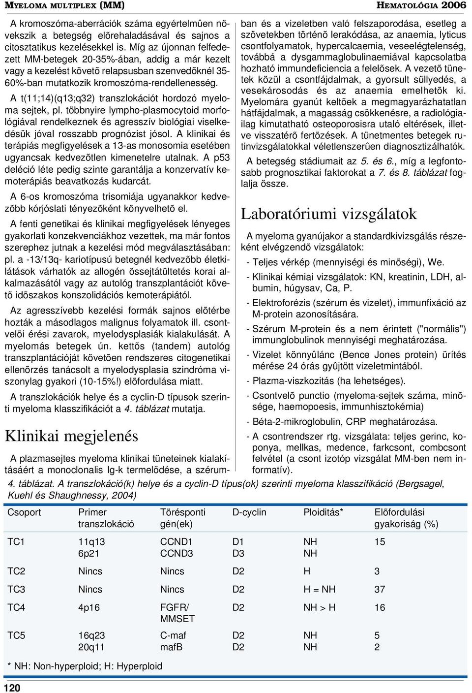 A t(11;14)(q13;q32) transzlokációt hordozó myeloma sejtek, pl. többnyire lympho-plasmocytoid morfológiával rendelkeznek és agresszív biológiai viselkedésük jóval rosszabb prognózist jósol.