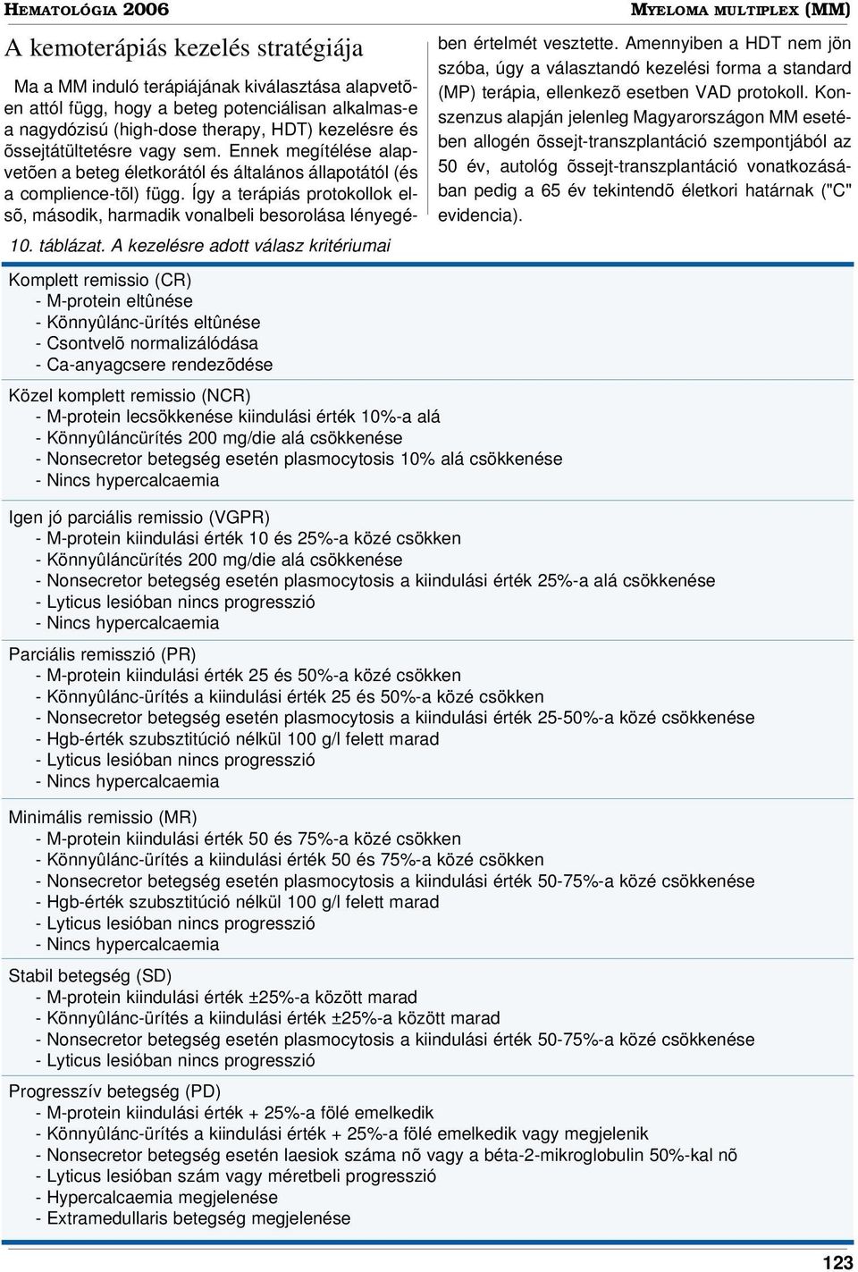 MYELOMA MULTIPLEX (MM) Ma a MM induló terápiájának kiválasztása alapvetõen attól függ, hogy a beteg potenciálisan alkalmas-e a nagydózisú (high-dose therapy, HDT) kezelésre és õssejtátültetésre vagy