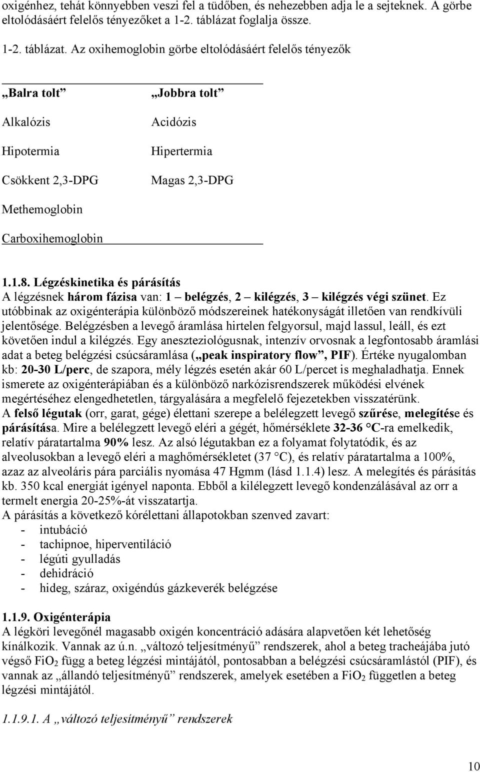 Az oxihemoglobin görbe eltolódásáért felelős tényezők Balra tolt Alkalózis Hipotermia Csökkent 2,3-DPG Jobbra tolt Acidózis Hipertermia Magas 2,3-DPG Methemoglobin Carboxihemoglobin 1.1.8.