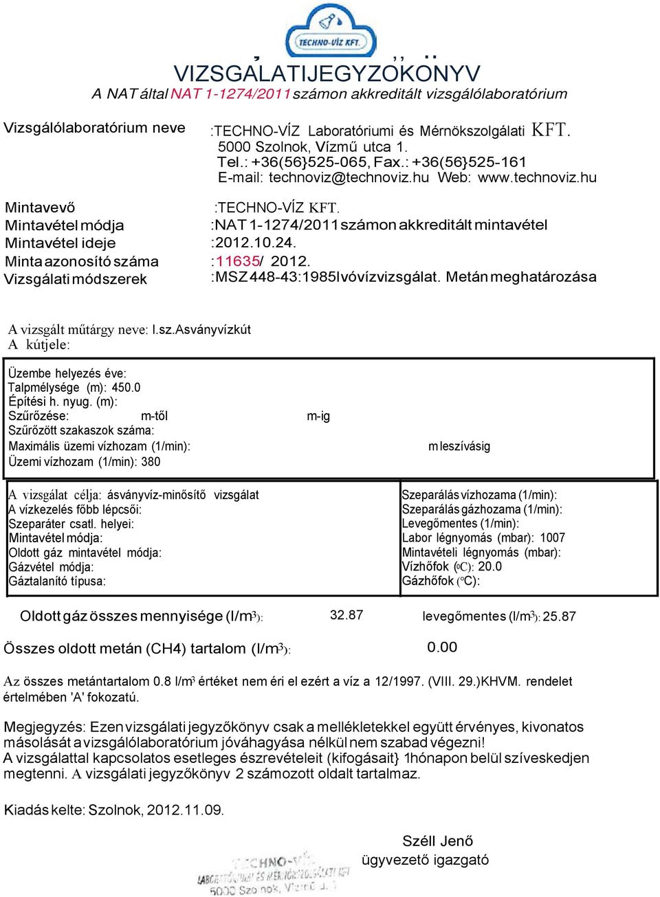 :NAT 1-1274/2011számon akkreditált mintavétel :2012.10.24. :11635/ 2012. :MSZ 448-43:1985Ivóvízvizsgálat. Metán meghatározása A vizsgált műtárgy neve: l.sz.asványvízkút A kútjele: Üzembe helyezés éve: Talpmélysége (m): 450.