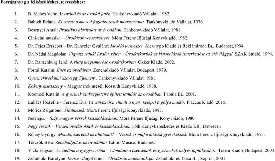 Dr. Fejes Erzsébet Dr. Kanczler Gyuláné: Mesélő természet. Alex-typo Kiadó és Reklámiroda Bt., Budapest,1994. 6. Dr. Nádai Magdolan: Vigyázz rájuk!