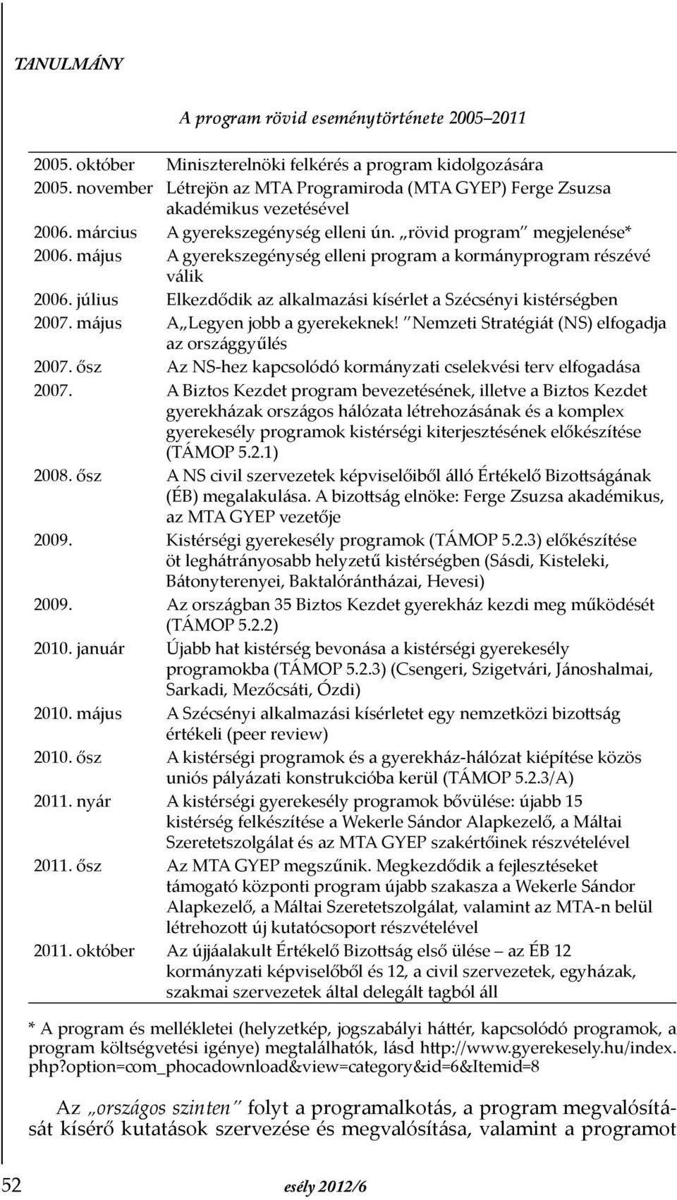 május A gyerekszegénység elleni program a kormányprogram részévé válik 2006. július Elkezdődik az alkalmazási kísérlet a Szécsényi kistérségben 2007. május A Legyen jobb a gyerekeknek!