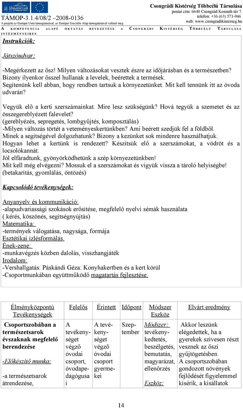 Hová tegyük a szemetet és az összegereblyézett falevelet? (gereblyézés, sepregetés, lombgyűjtés, komposztálás) -Milyen változás törtét a veteményeskertünkben? Ami beérett szedjük fel a földből.