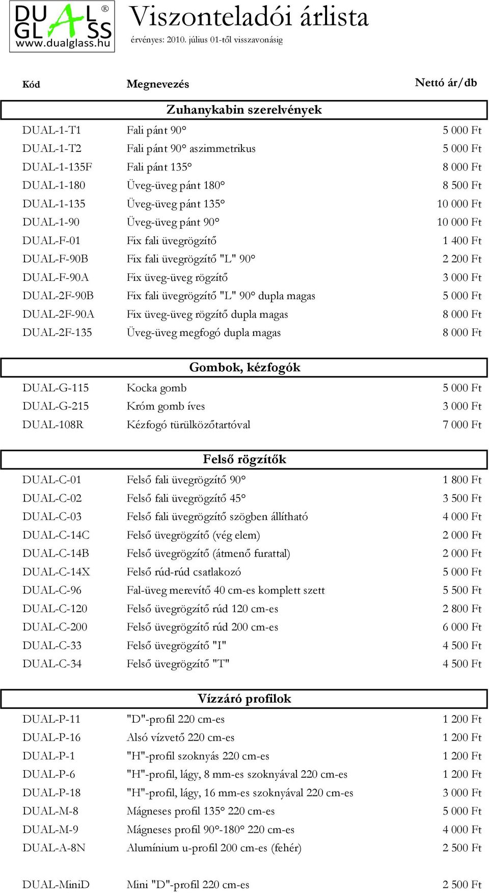 DUAL-1-180 Üveg-üveg pánt 180 8 500 Ft DUAL-1-135 Üveg-üveg pánt 135 10 000 Ft DUAL-1-90 Üveg-üveg pánt 90 10 000 Ft DUAL-F-01 Fix fali üvegrögzítő 1 400 Ft DUAL-F-90B Fix fali üvegrögzítő "L" 90 2