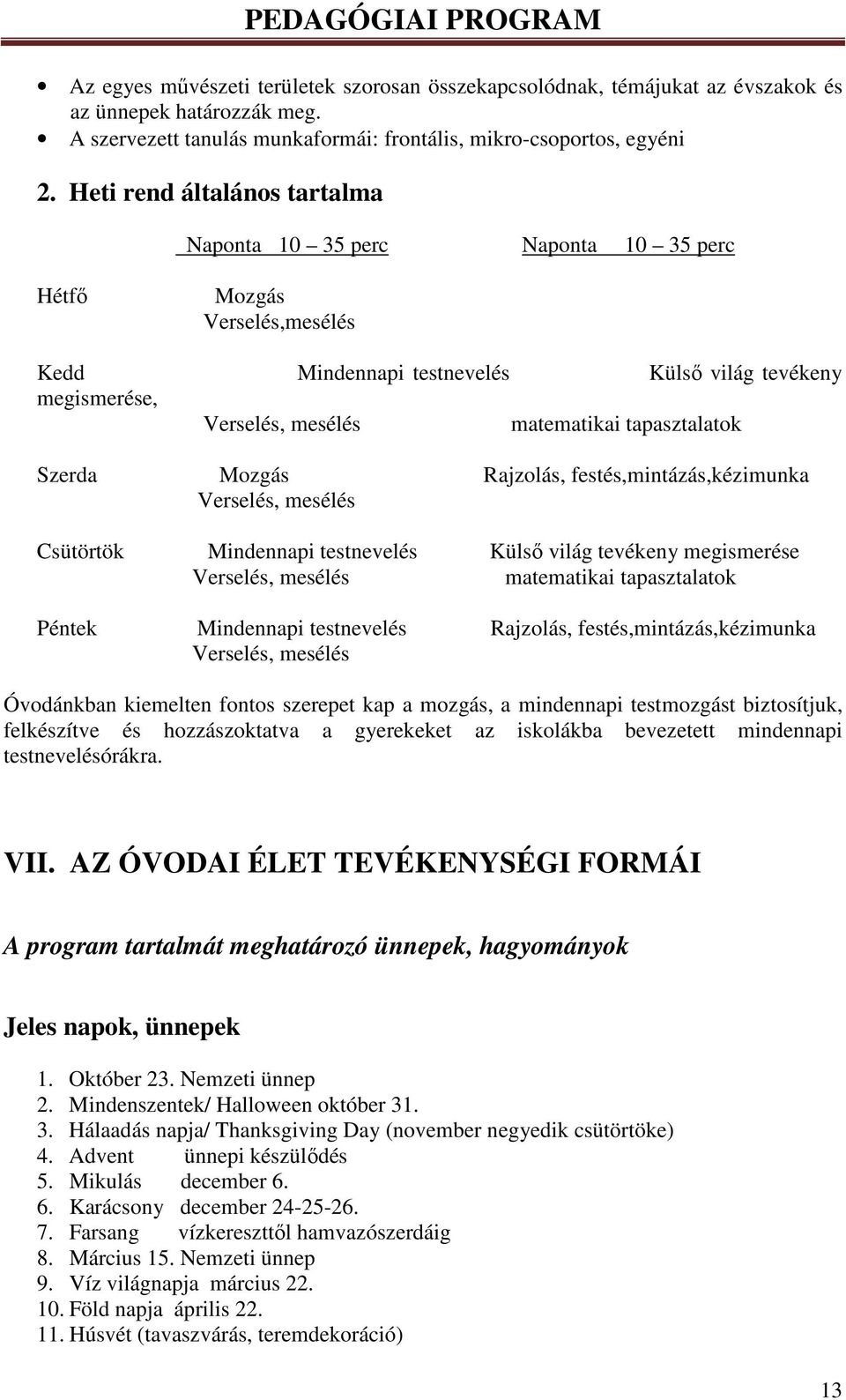 tapasztalatok Szerda Mozgás Rajzolás, festés,mintázás,kézimunka Verselés, mesélés Csütörtök Mindennapi testnevelés Külső világ tevékeny megismerése Verselés, mesélés matematikai tapasztalatok Péntek