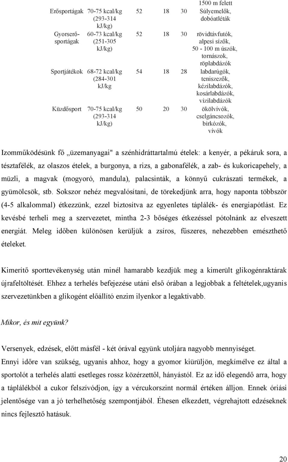 cselgáncsozók, birkózók, vívók Izomműködésünk fő üzemanyagai" a szénhidráttartalmú ételek: a kenyér, a pékáruk sora, a tésztafélék, az olaszos ételek, a burgonya, a rizs, a gabonafélék, a zab- és