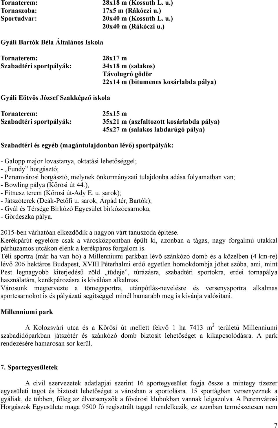 Tornaterem: Szabadtéri sportpályák: 25x15 m 35x21 m (aszfaltozott kosárlabda pálya) 45x27 m (salakos labdarúgó pálya) Szabadtéri és egyéb (magántulajdonban lévő) sportpályák: - Galopp major