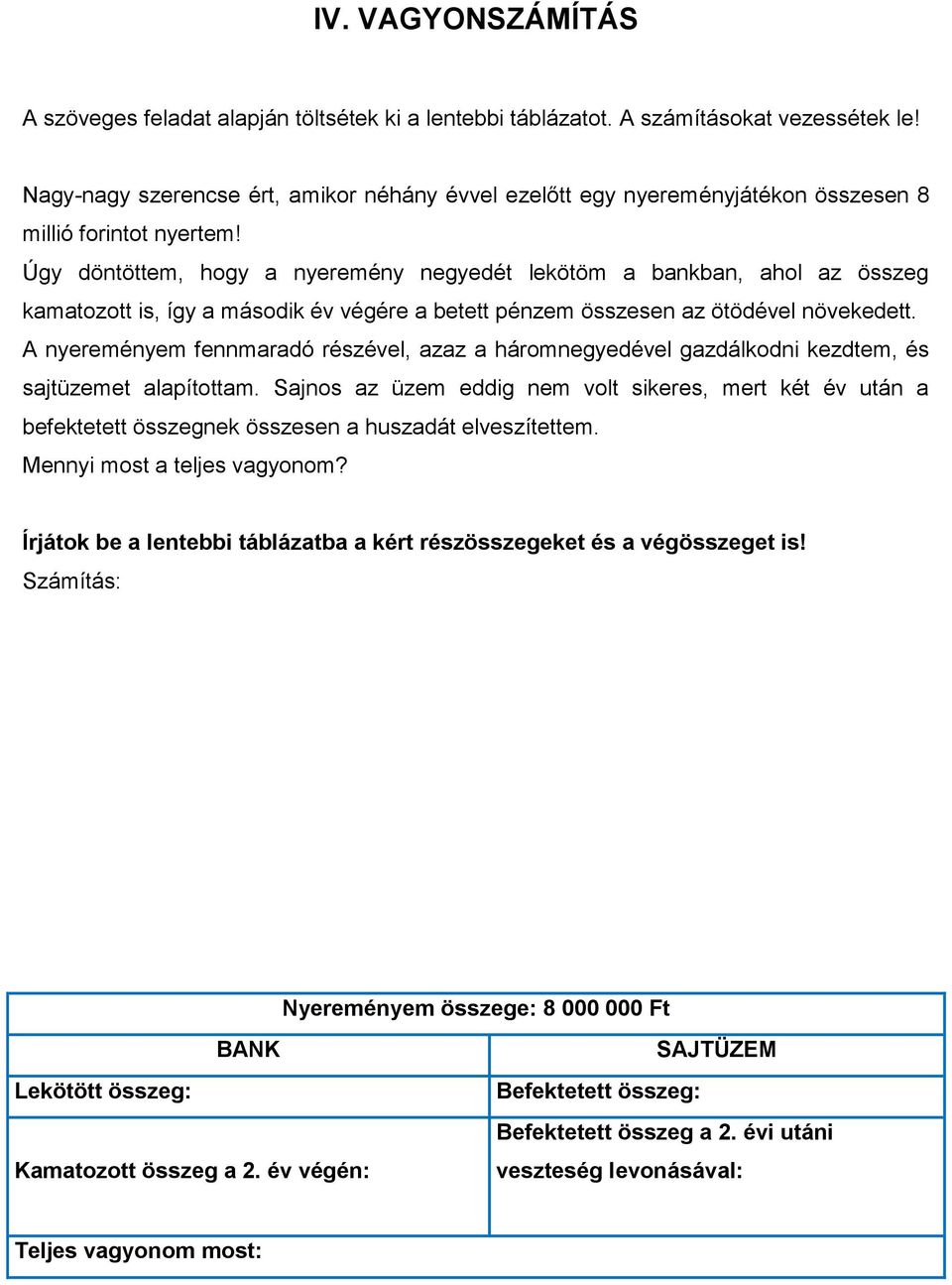 Úgy döntöttem, hogy a nyeremény negyedét lekötöm a bankban, ahol az összeg kamatozott is, így a második év végére a betett pénzem összesen az ötödével növekedett.