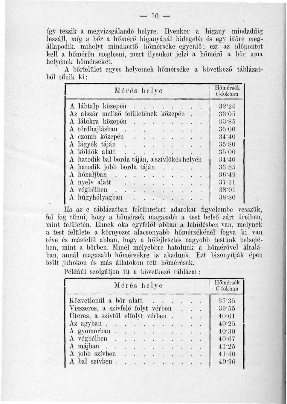 jelzi a hőmérő a bőr ama helyének hőmérsékét. A bőrfelület egyes helyeinek hőmórséke a következő táblázatból tűnik ki: Mérés helye A lábtalp közepén........ Az alszár mellső felületének közepén.