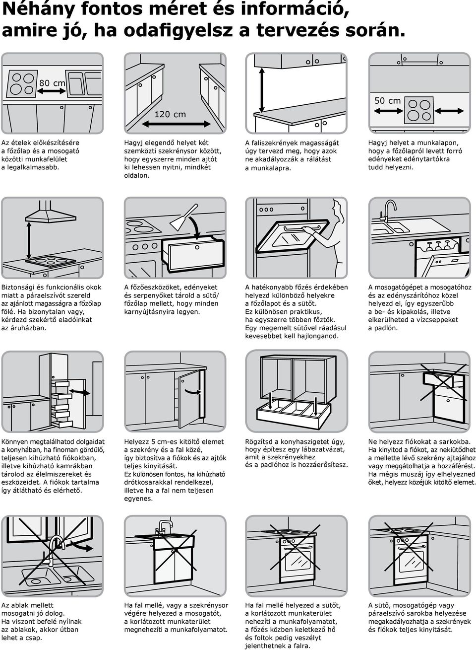 A faliszekrények magasságát úgy tervezd meg, hogy azok ne akadályozzák a rálátást a munkalapra. Hagyj helyet a munkalapon, hogy a főzőlapról levett forró edényeket edénytartókra tudd helyezni.