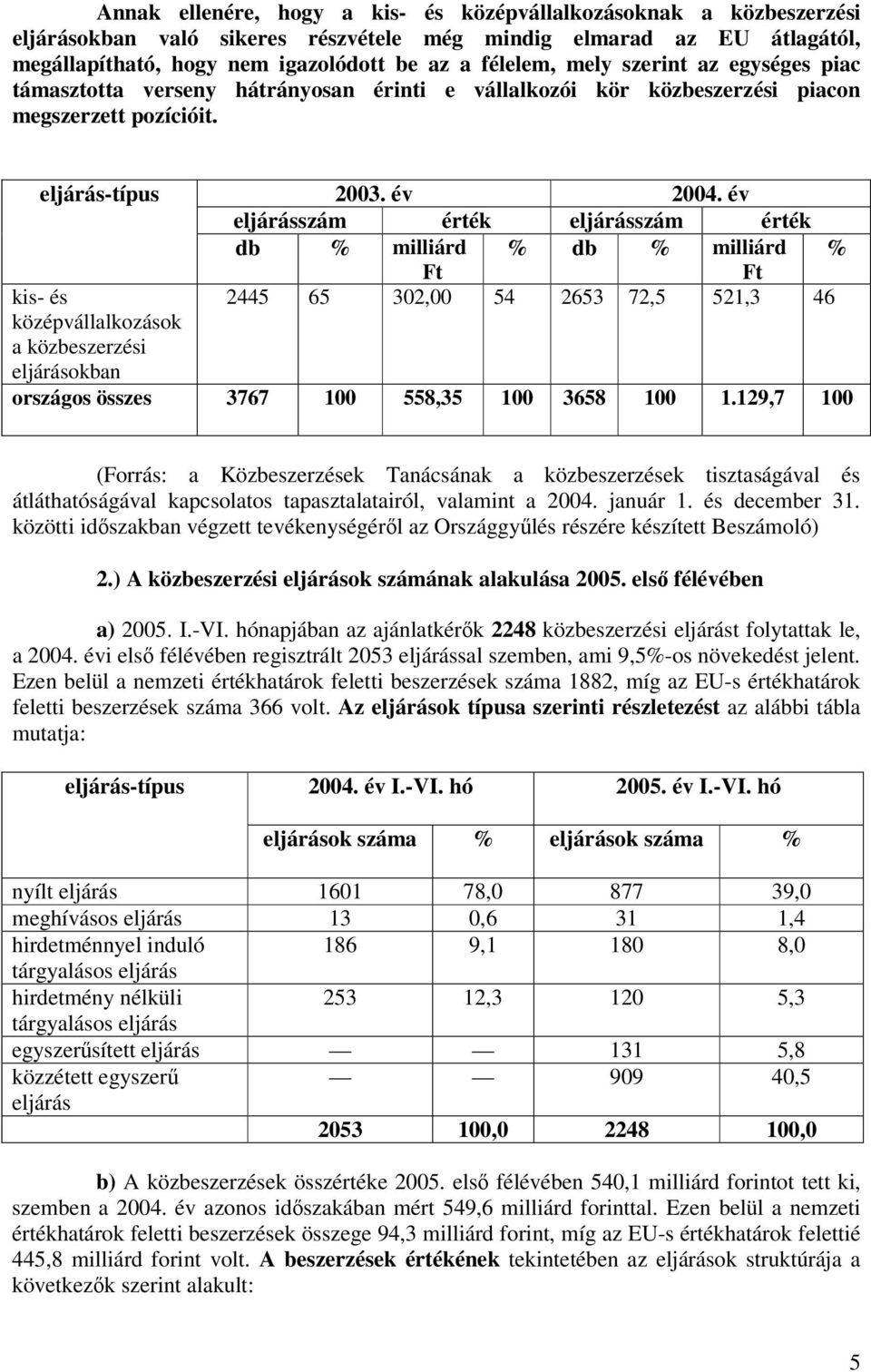 eljárás-típus kis- és középvállalkozások a közbeszerzési eljárásokban 2003. év 2004.