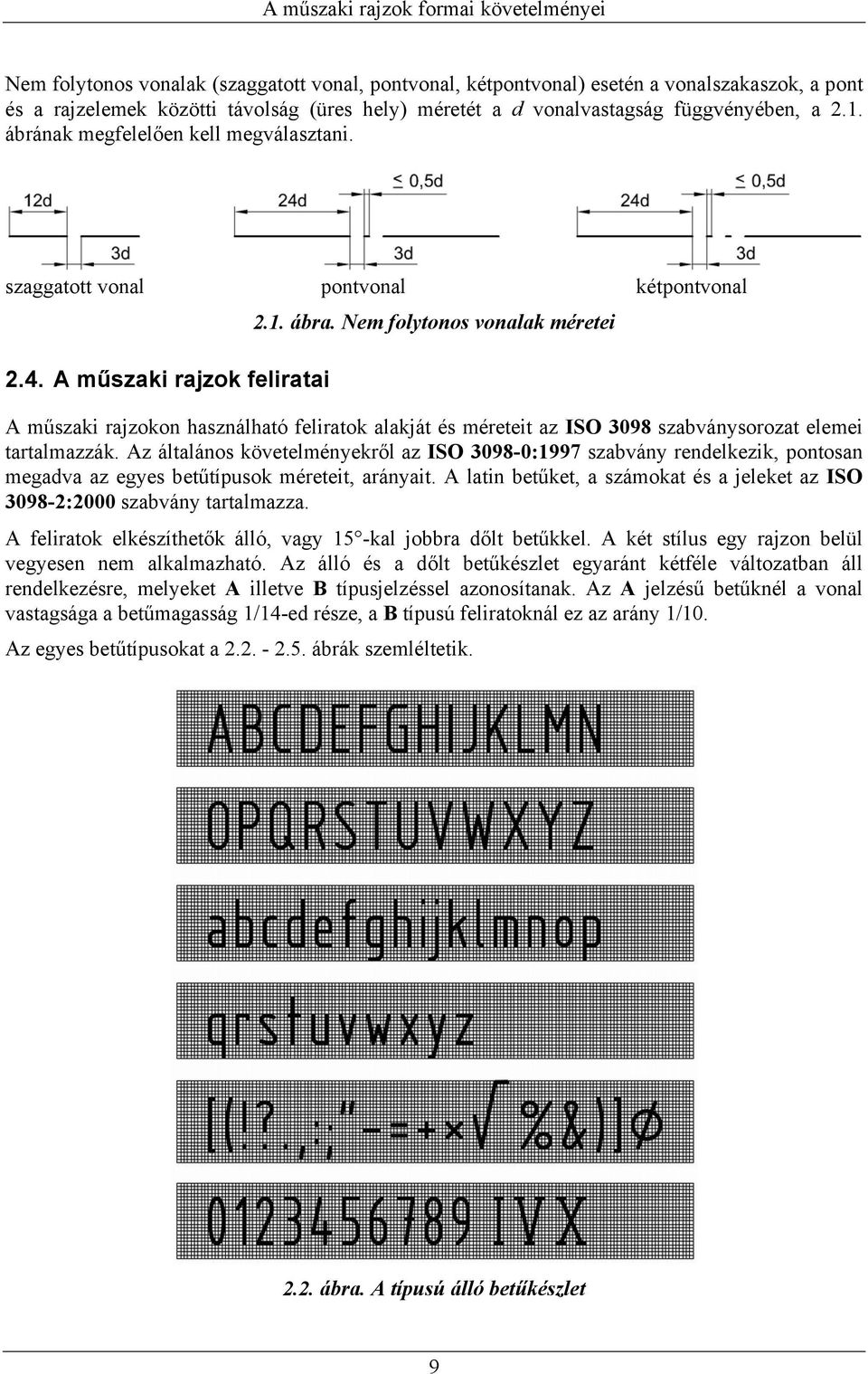 Nem folytonos vonalak méretei A műszaki rajzokon használható feliratok alakját és méreteit az ISO 3098 szabványsorozat elemei tartalmazzák.