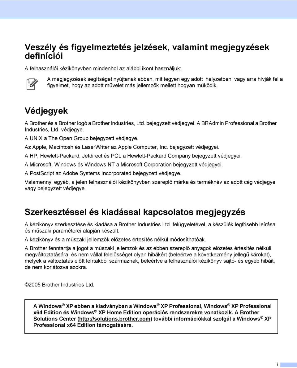 A BRAdmin Professional a Brother Industries, Ltd. védjegye. A UNIX a The Open Group bejegyzett védjegye. Az Apple, Macintosh és LaserWriter az Apple Computer, Inc. bejegyzett védjegyei.