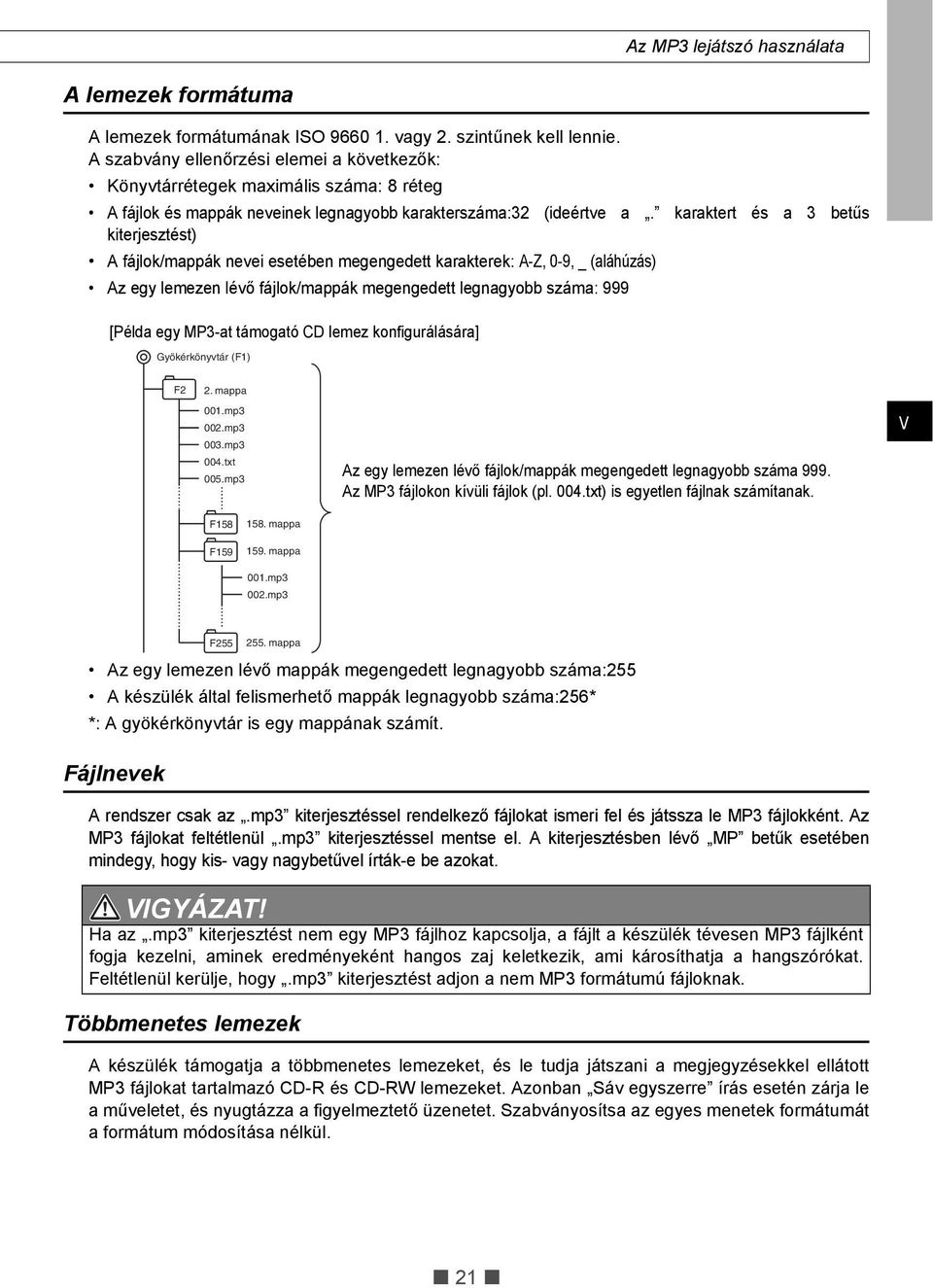 karaktert és a 3 betűs kiterjesztést) A fájlok/mappák nevei esetében megengedett karakterek: A-Z, 0-9, _ (aláhúzás) Az egy lemezen lévő fájlok/mappák megengedett legnagyobb száma: 999 [Példa egy