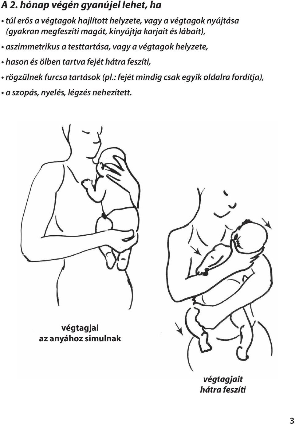 helyzete, hason és ölben tartva fejét hátra feszíti, rögzülnek furcsa tartások (pl.