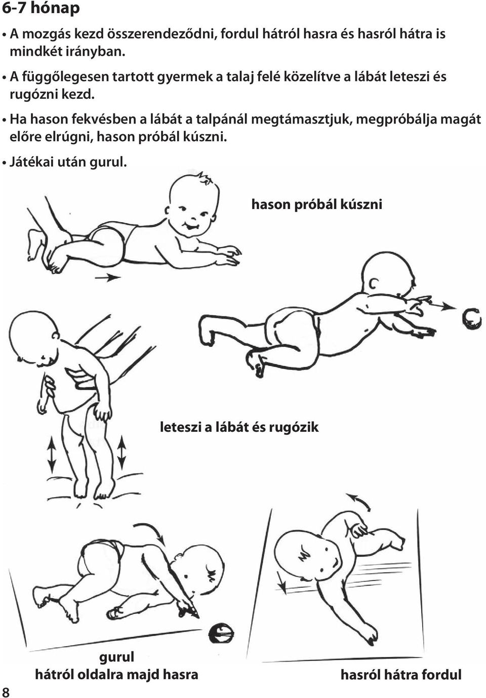 Ha hason fekvésben a lábát a talpánál megtámasztjuk, megpróbálja magát előre elrúgni, hason próbál