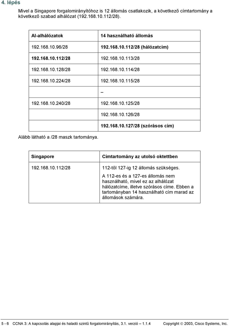 Singapore 192.168.10.112/28 112-től 127-ig 12 állomás szükséges. A 112-es és a 127-es állomás nem használható, mivel ez az alhálózat hálózatcíme, illetve szórásos címe.
