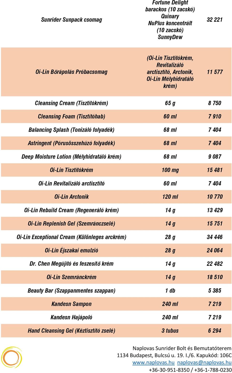 ml 7 404 Deep Moisture Lotion (Mélyhidratáló krém) 68 ml 9 087 Oi-Lin Tisztítókrém 100 mg 15 481 Oi-Lin Revitalizáló arctisztító 60 ml 7 404 Oi-Lin Arctonik 120 ml 10 770 Oi-Lin Rebuild Cream