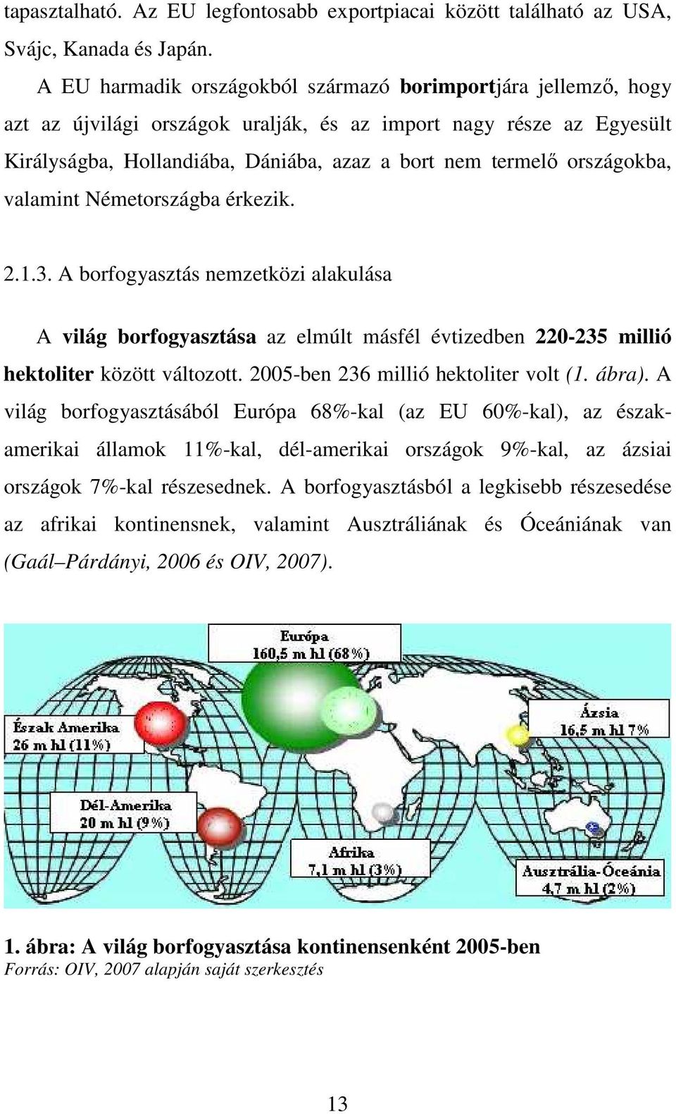országokba, valamint Németországba érkezik. 2.1.3. A borfogyasztás nemzetközi alakulása A világ borfogyasztása az elmúlt másfél évtizedben 220-235 millió hektoliter között változott.