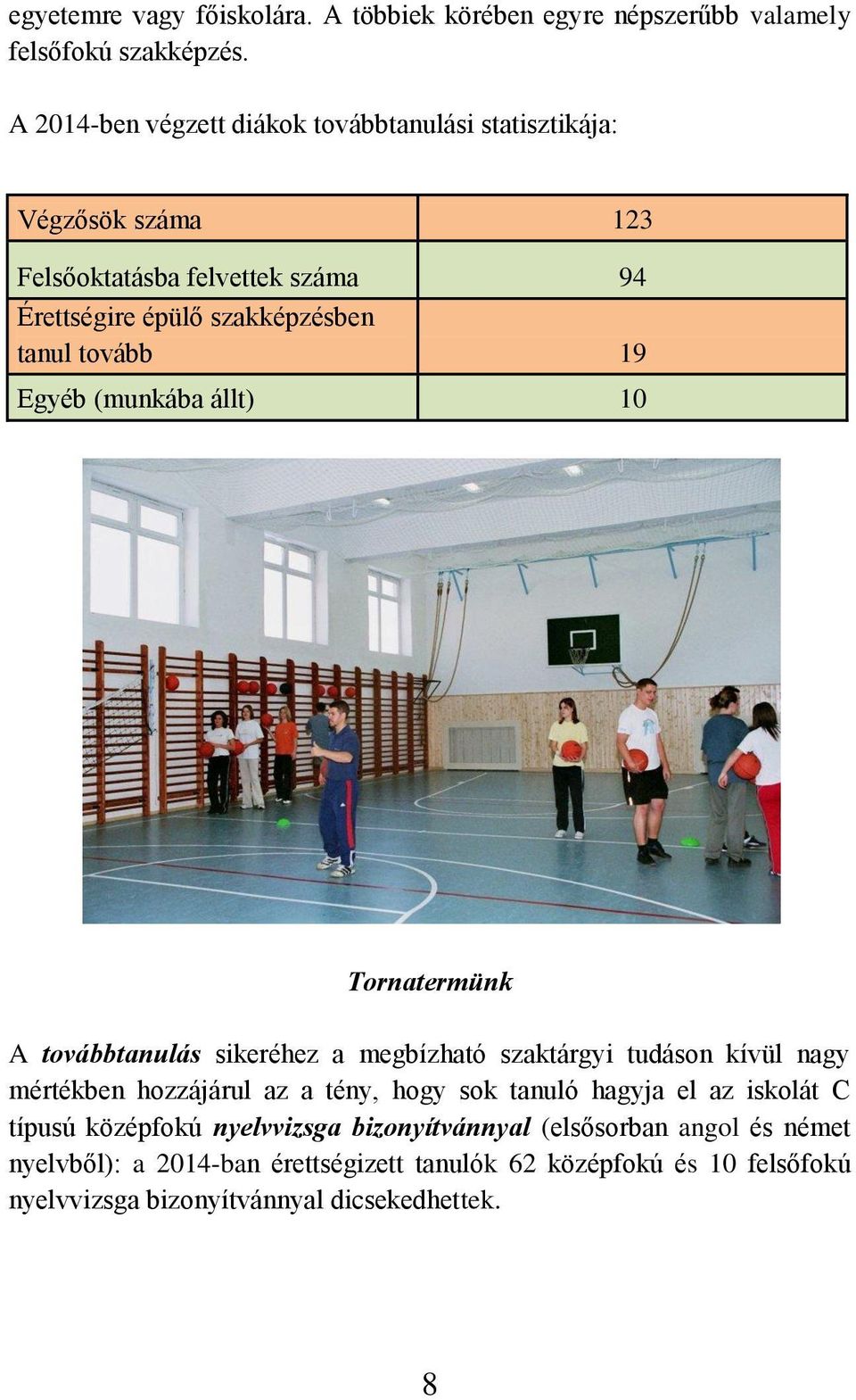 19 Egyéb (munkába állt) 10 Tornatermünk A továbbtanulás sikeréhez a megbízható szaktárgyi tudáson kívül nagy mértékben hozzájárul az a tény, hogy sok