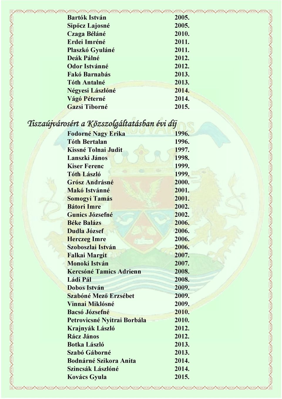 Tóth László 1999. Grósz Andrásné 2000. Makó Istvánné 2001. Somogyi Tamás 2001. Bátori Imre 2002. Gunics Józsefné 2002. Béke Balázs 2006. Dudla József 2006. Herczeg Imre 2006. Szoboszlai István 2006.